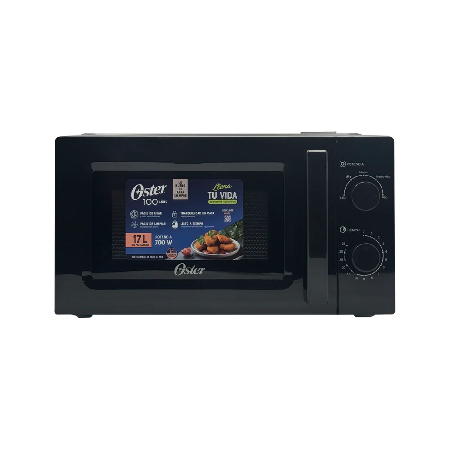 microondas Oster negro frontal con pantalla y controles